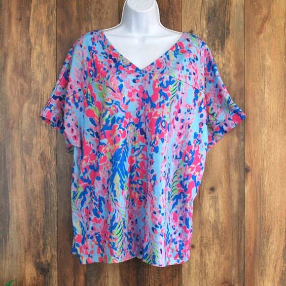 Women's V Neck Oversized Shirt Top Blouse Multi Color L - Picture 1 of 7
